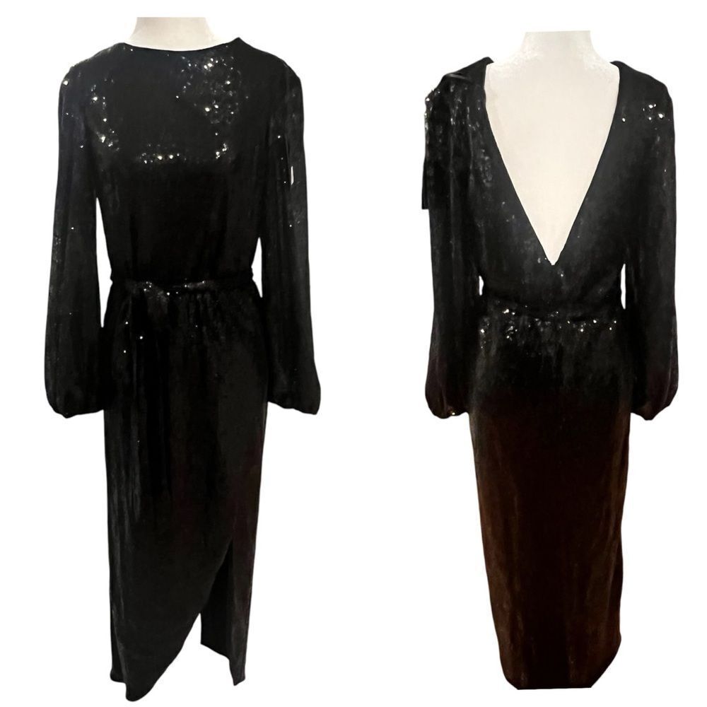 Nwt Ieena For Mac Duggal Women's Sequin Belted Midi Dress Black Size Xs/2